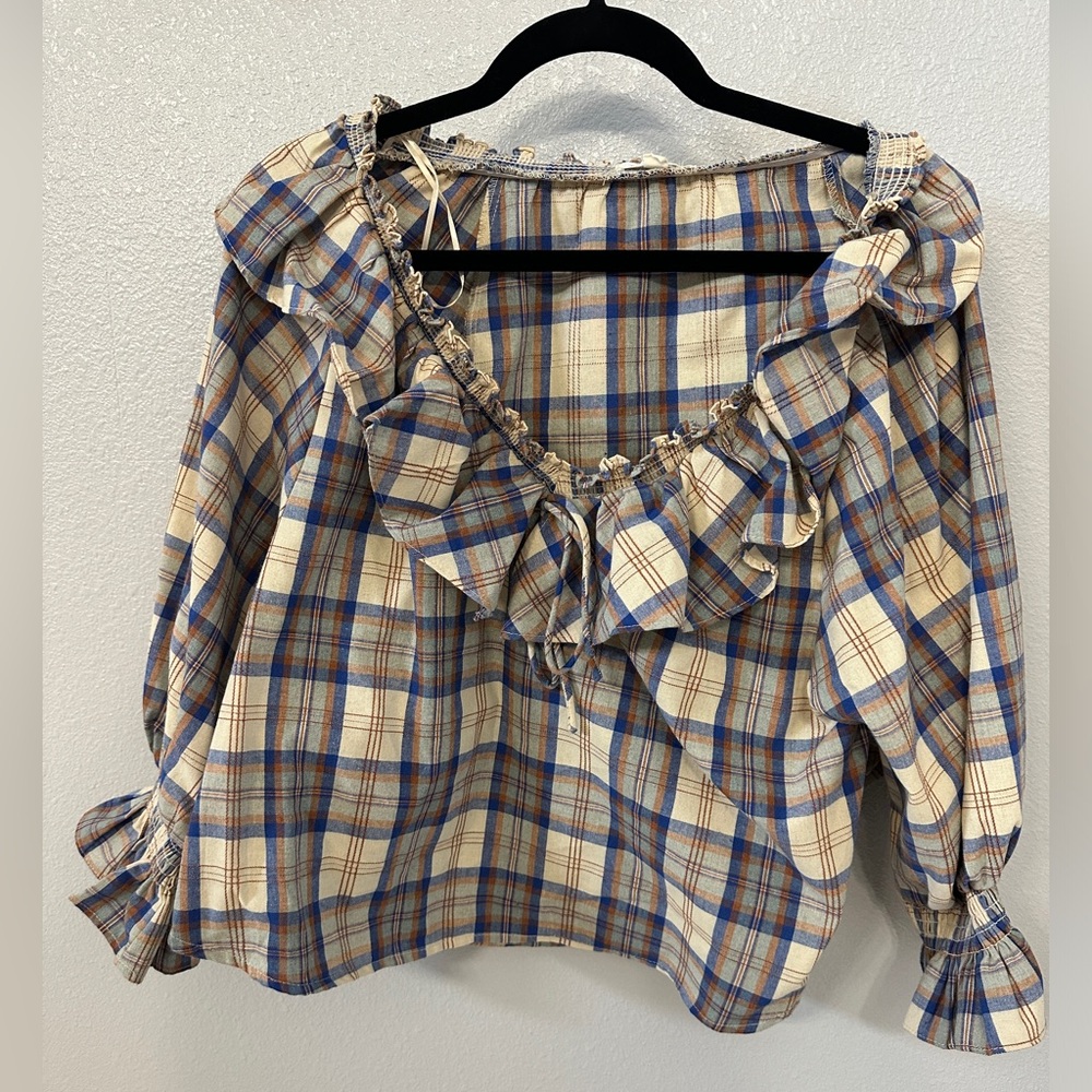 Blue Check Ruffle Plaid Crop Top - Size M